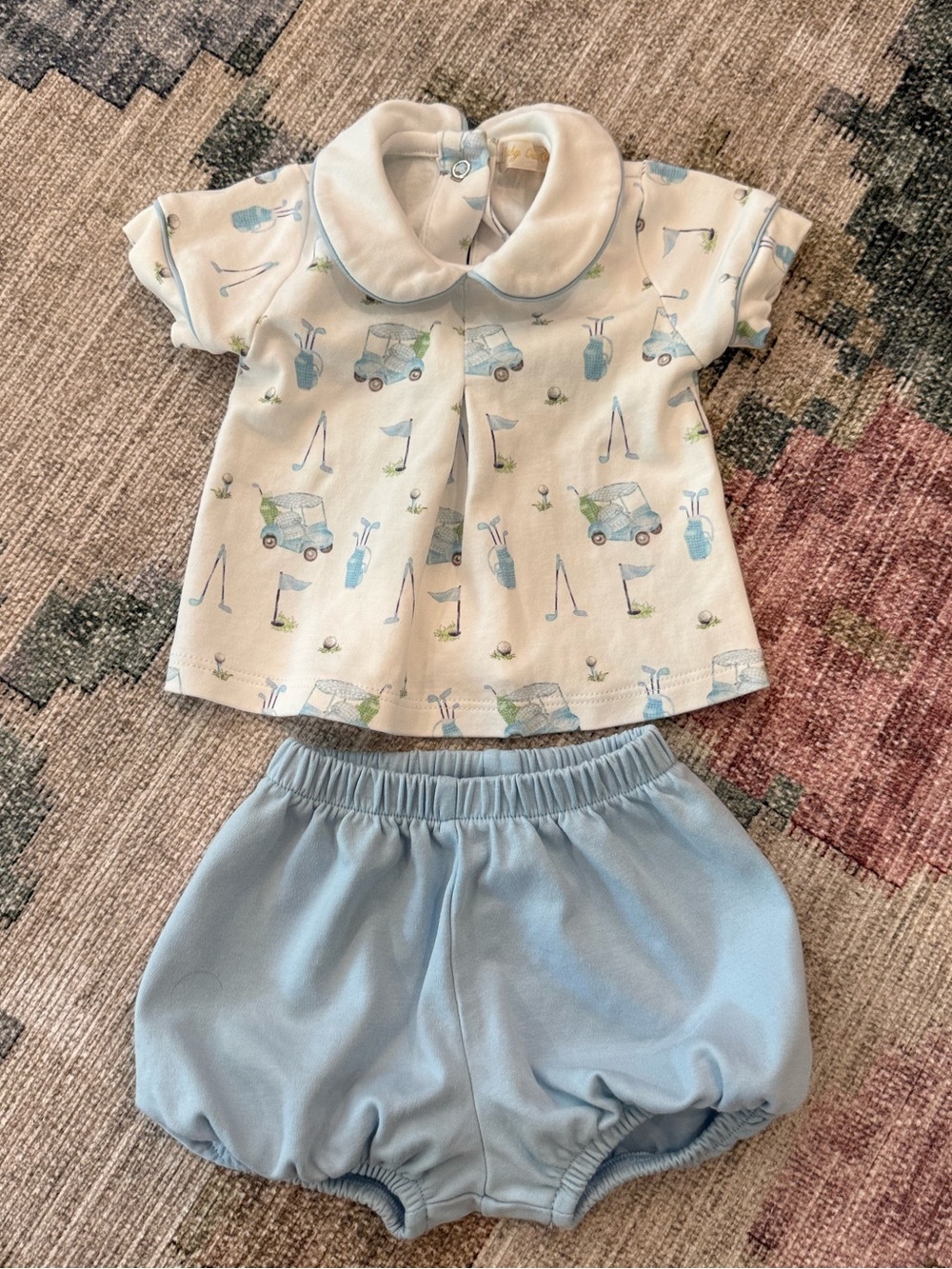 Baby Club Chic - 2PC Set with Golf Print and Light Blue Bloomers- worn once!